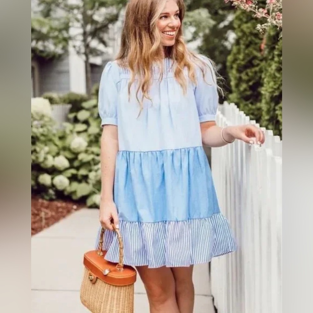 English Factory Blue and Puff Sleeve Mini Sundress